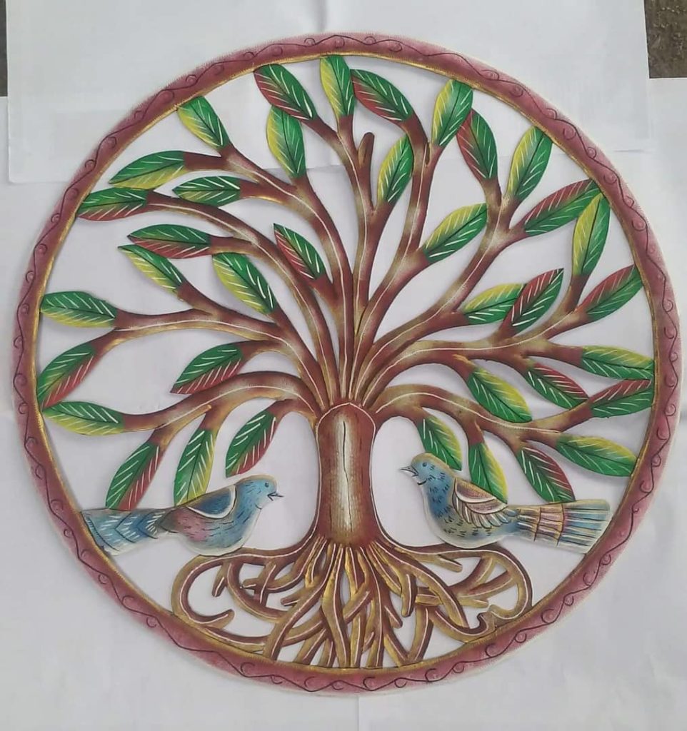 Tree of Life with birds Wall Art 23" Circle Painted All items are handmade in Haiti.